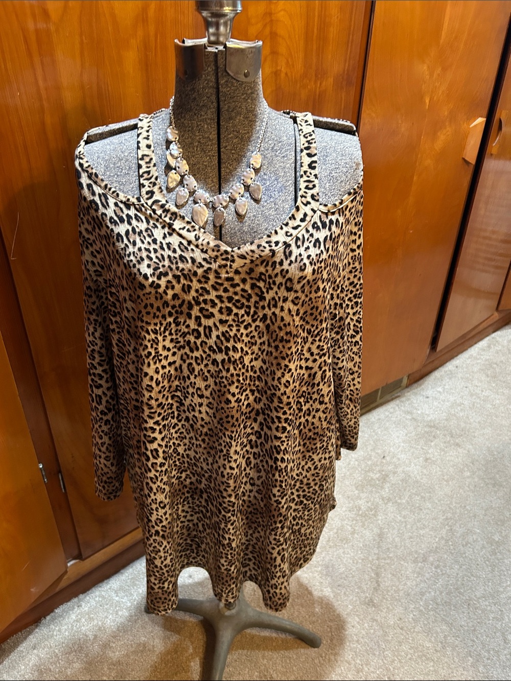 SHEIN Leopard Print Cold-Shoulder Tunic Top - Brown Black